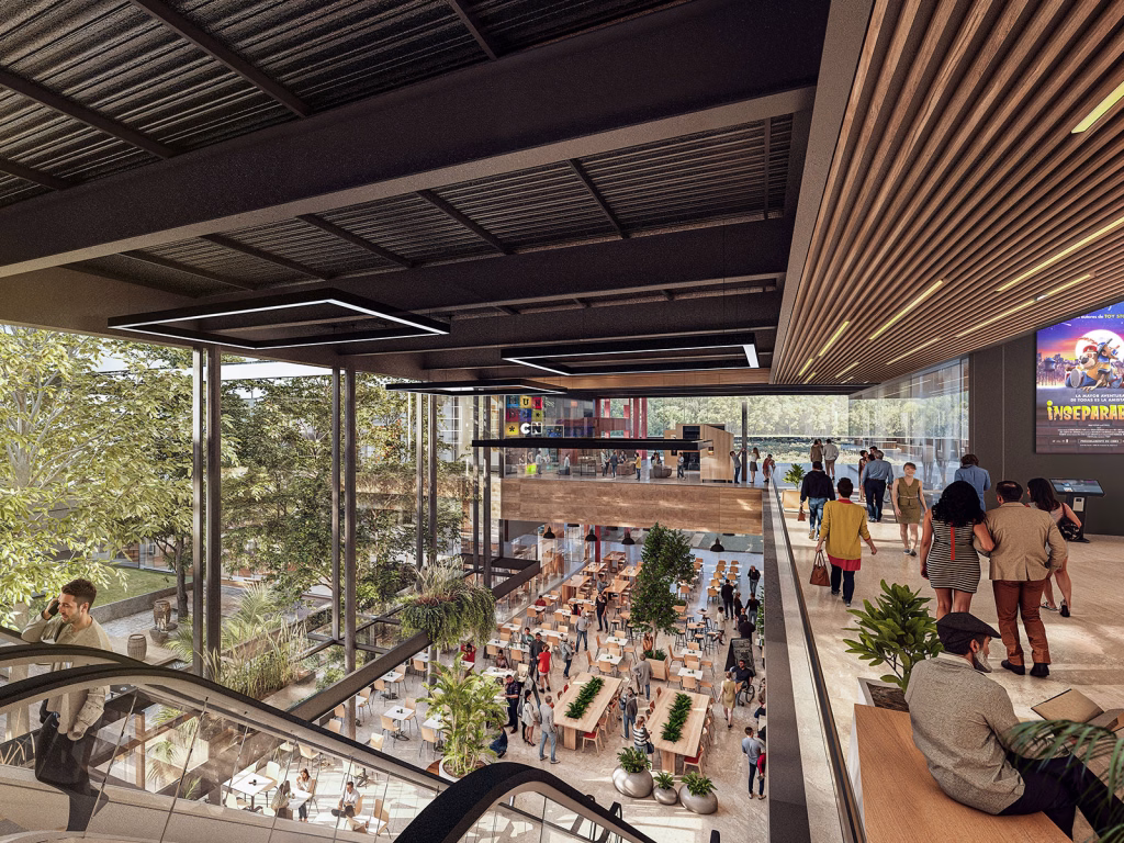 Render del patio de comidas visto desde la planta alta, con el cartel del cine Movie
