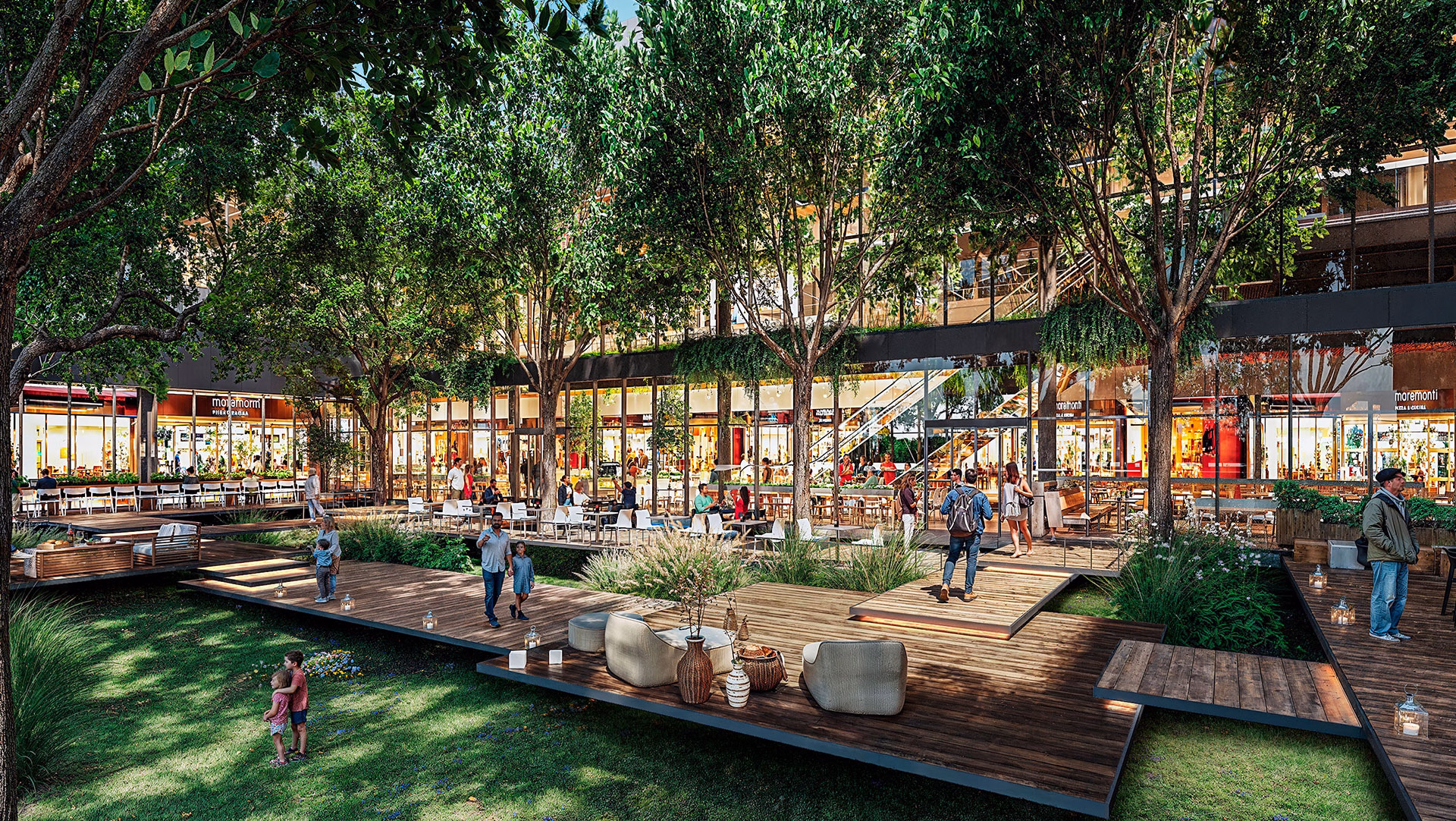 Render de la plaza exterior con decks de madera bajo los árboles
