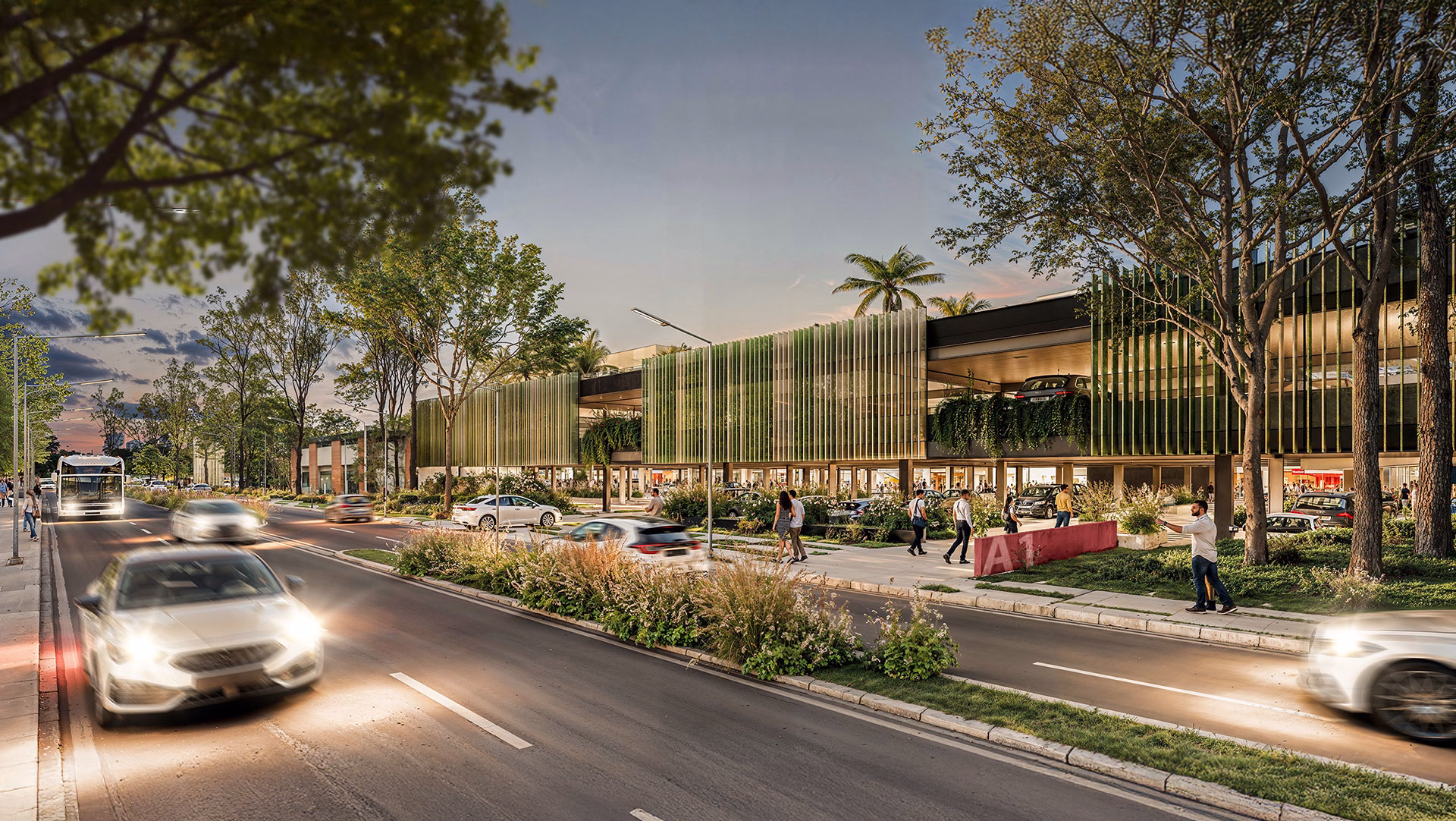 Render de la fachada sobre la calle, con parasoles verticales verdes