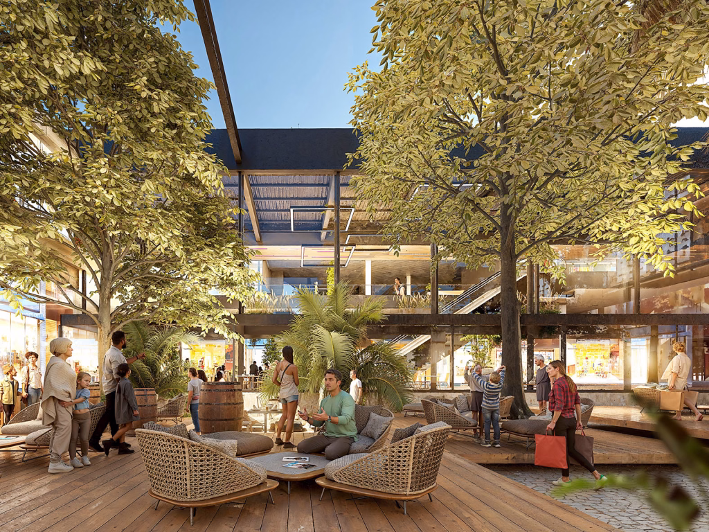 Render de la terraza exterior con livings bajo los árboles