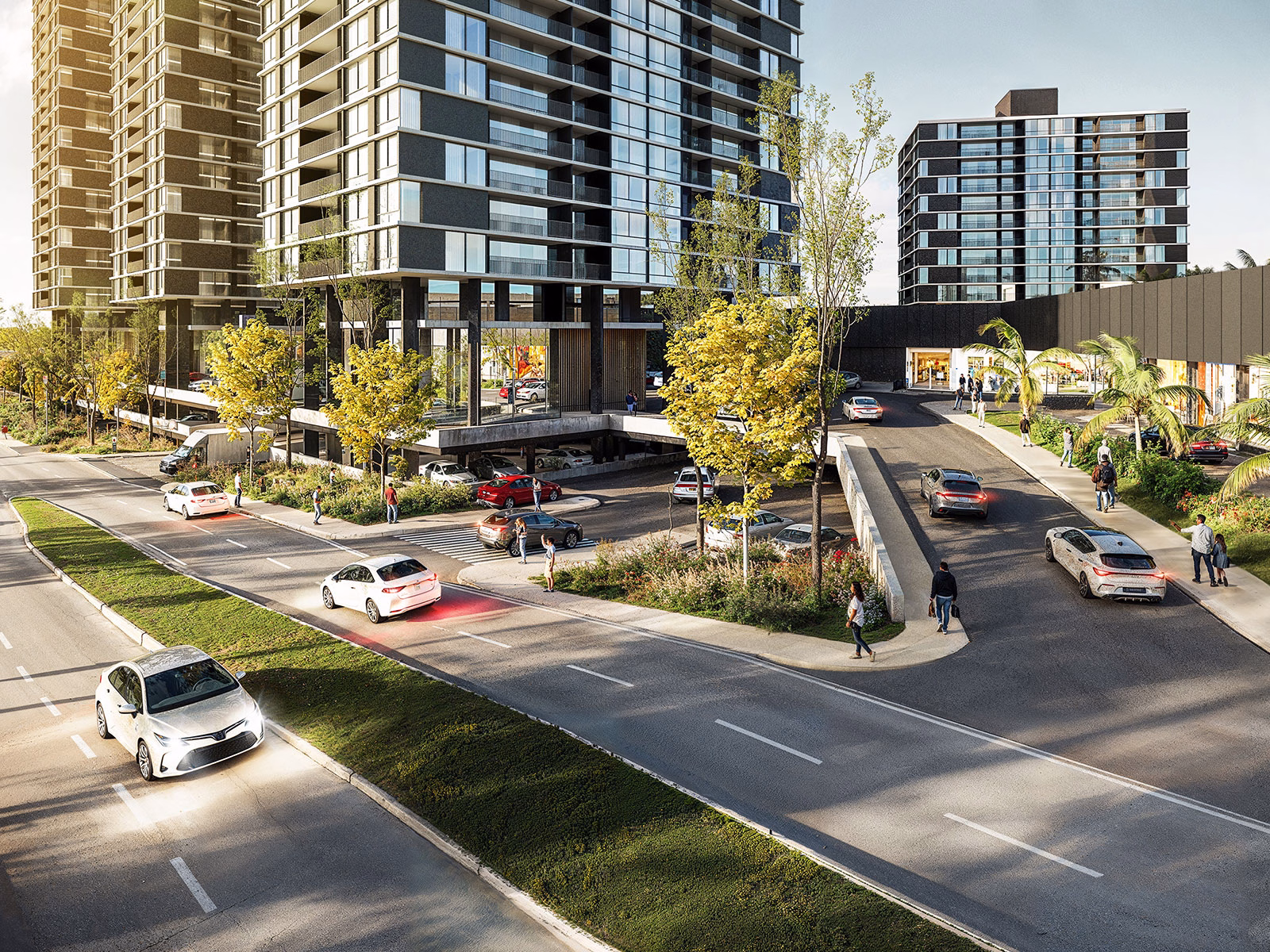 Render de las torres y el acceso desde la calle